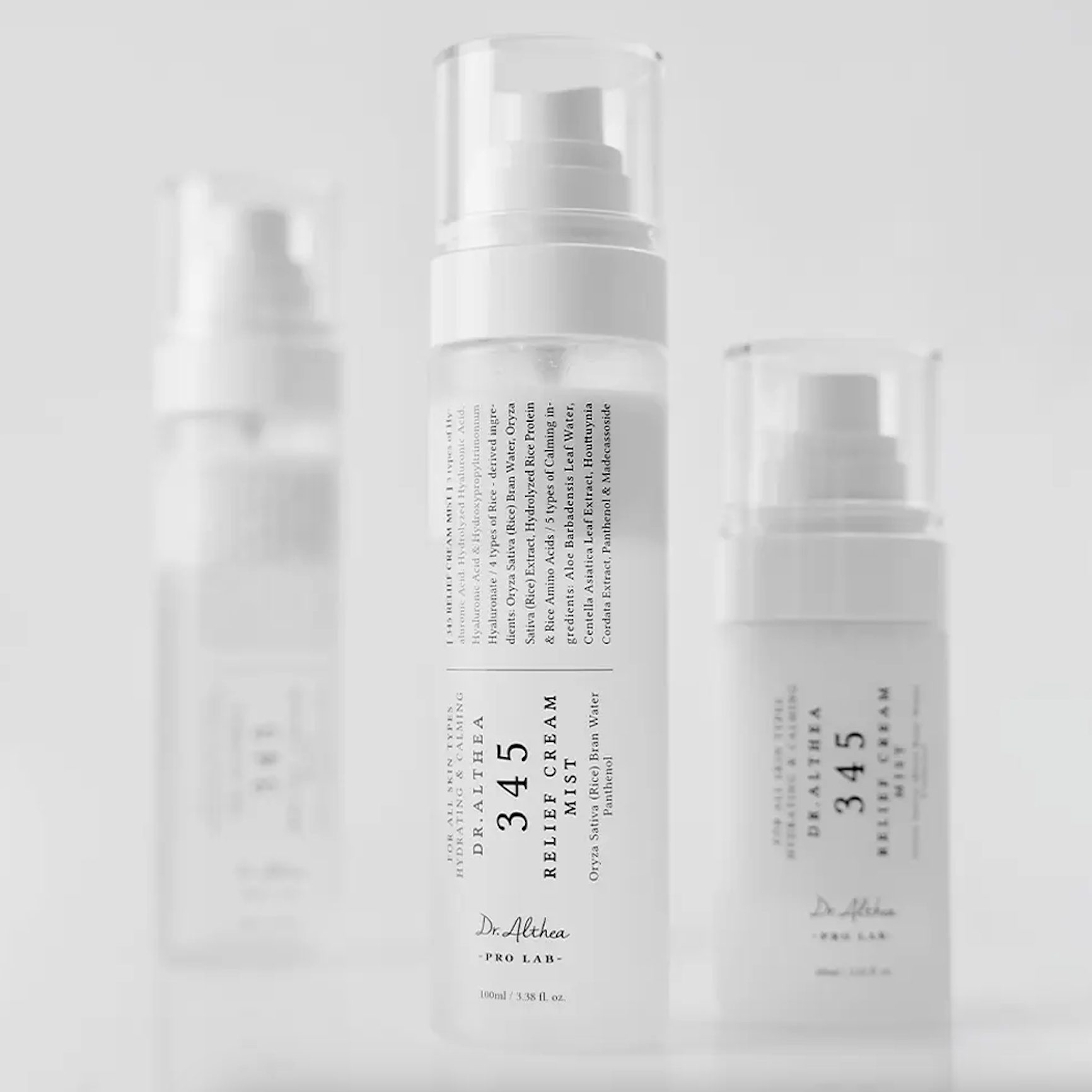 Dr.Althea 345 Relief Cream Mist bottles on grey background