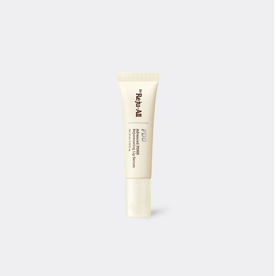 A single Dr. Reju-All Advanced PDRN Rejuvenating Lip Serum (10ml) tube with a matching cap, standing vertically on a light gray background. 