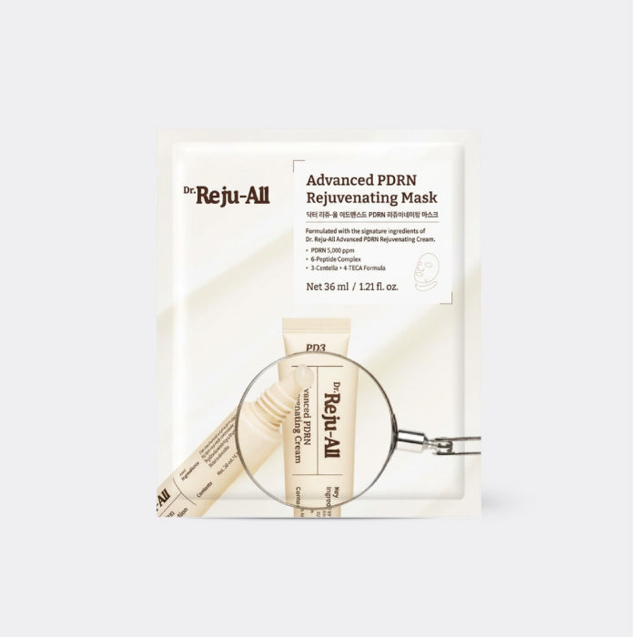 A single packet of Dr. Reju-All Advanced PDRN Rejuvenating Mask, featuring a cream-colored tube and applicator shown through a magnifying glass graphic on the front of the packaging, set against a light gray background.