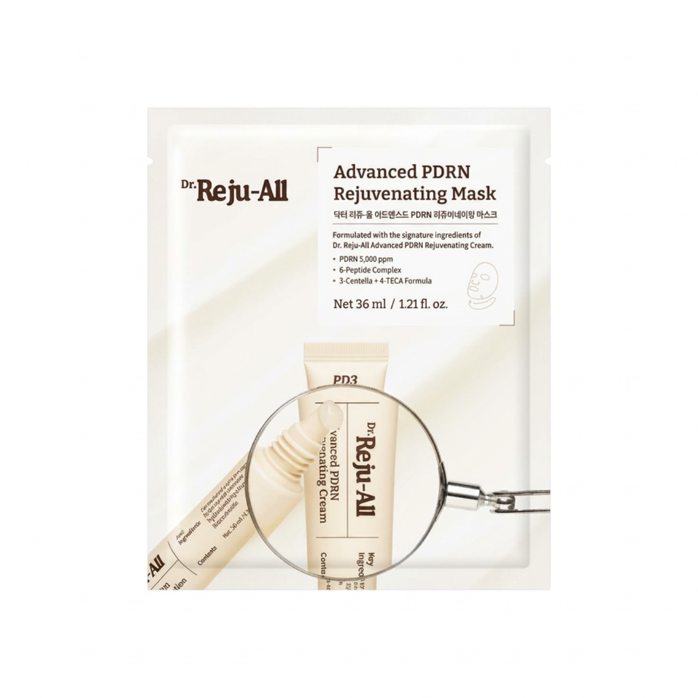 Dr. Reju-All Advanced PDRN Rejuvenating Mask in a white single-use sachet package, featuring product branding, ingredient claims, and a magnifying glass graphic over a tube of facial cream.