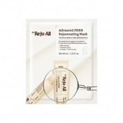 Dr. Reju-All Advanced PDRN Rejuvenating Mask in a white single-use sachet package, featuring product branding, ingredient claims, and a magnifying glass graphic over a tube of facial cream.