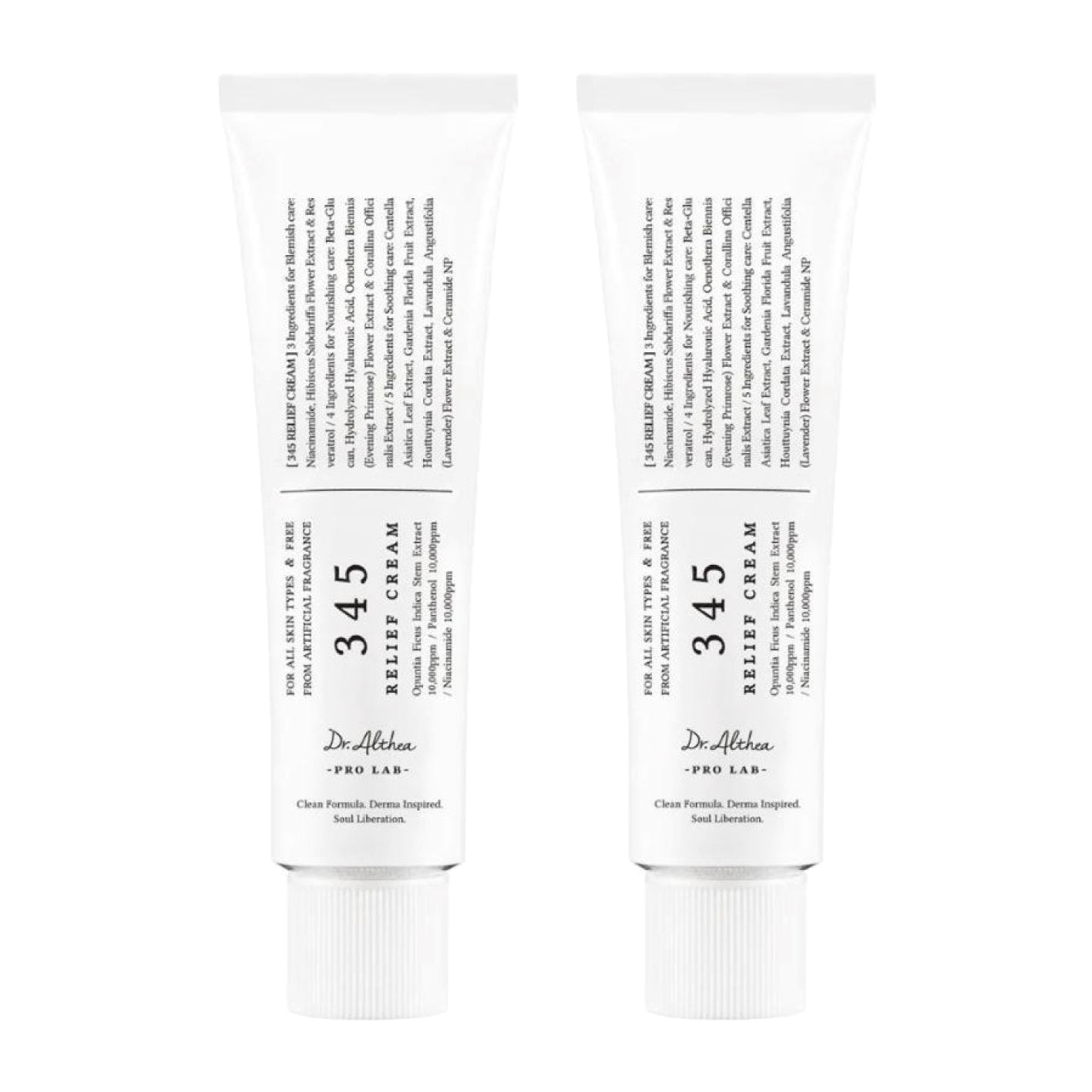 Two tubes of DR ALTHEA 345 Relief Cream standing upright against a white background