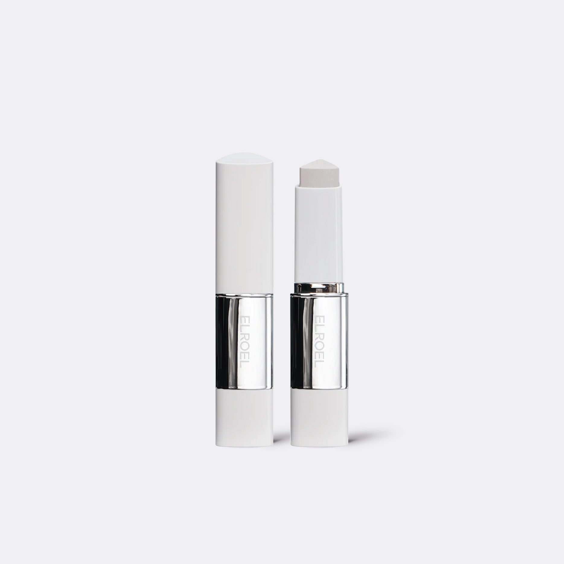 ELROEL Blanc Cover Cream Stick Two white cosmetic tubes with silver caps on a light gray background