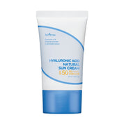INTREE Hyaluronic Acid Natural Sun Cream Tube of hyaluronic acid natural sun cream with blue and white design on a white background