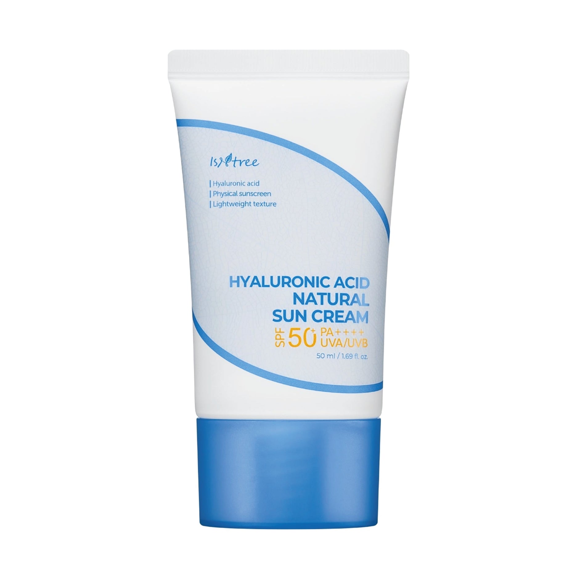 INTREE Hyaluronic Acid Natural Sun Cream Tube of hyaluronic acid natural sun cream with blue and white design on a white background