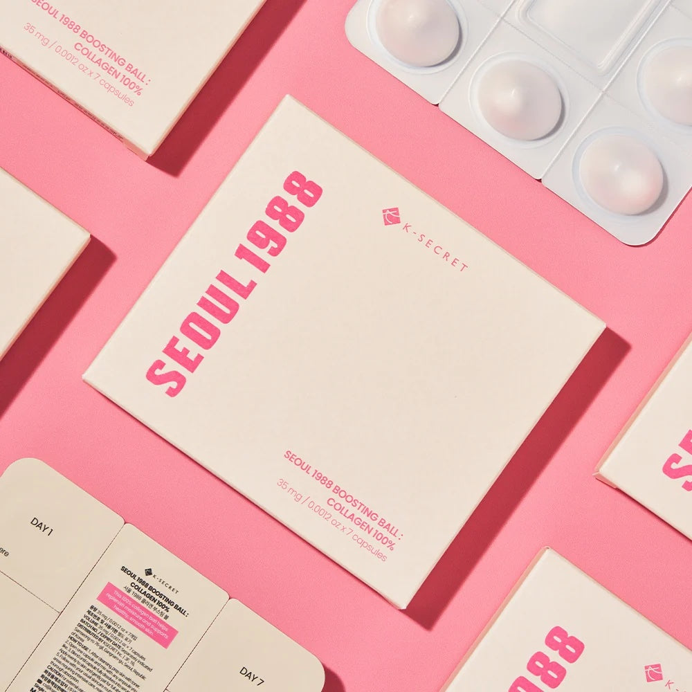 K-SECRET Seoul 1988 Boosting Ball Collagen 100% packaging on a pink background