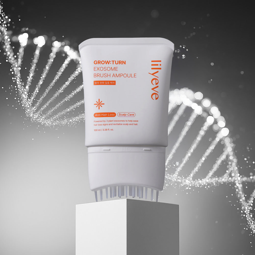 LILYEVE Grow Turn Exosome Brush Ampoule on a gray background with DNA strands.