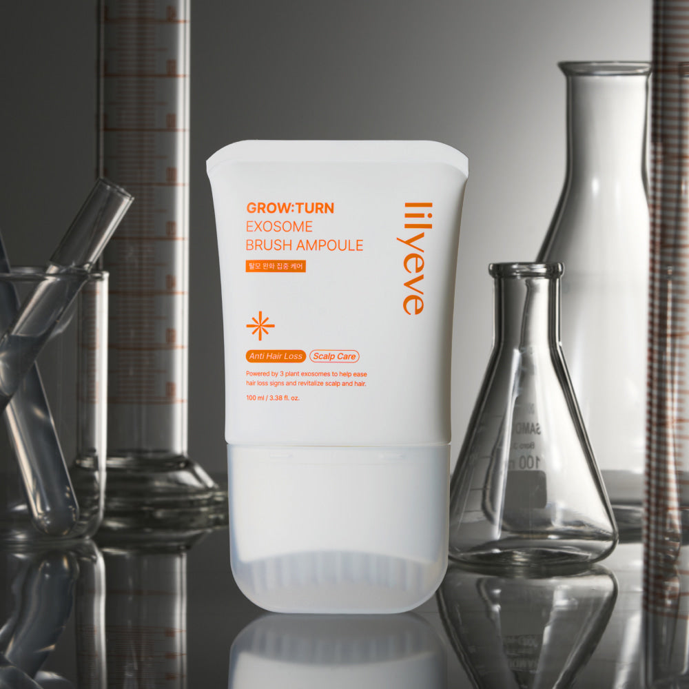 LILYEVE Grow Turn Exosome Brush Ampoule with laboratory equipment in the background