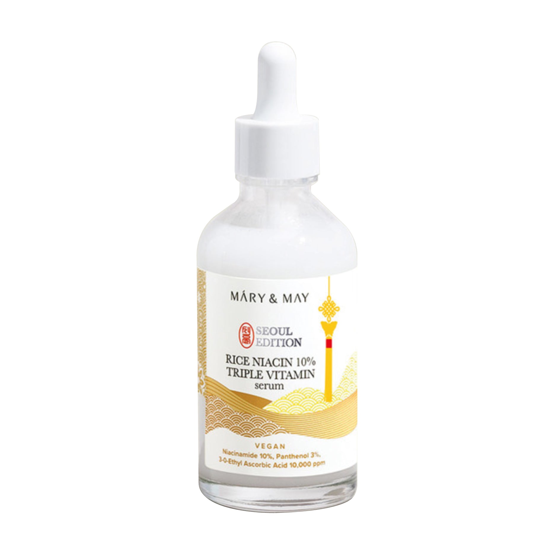 Bottle of MARY & MAY Rice niacin 10% Triple Vitamin Serum on a white background