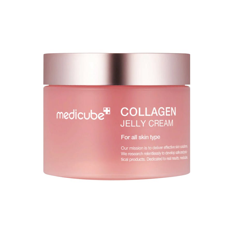 Pink jar of Medicube Collagen Jelly Cream on a white background