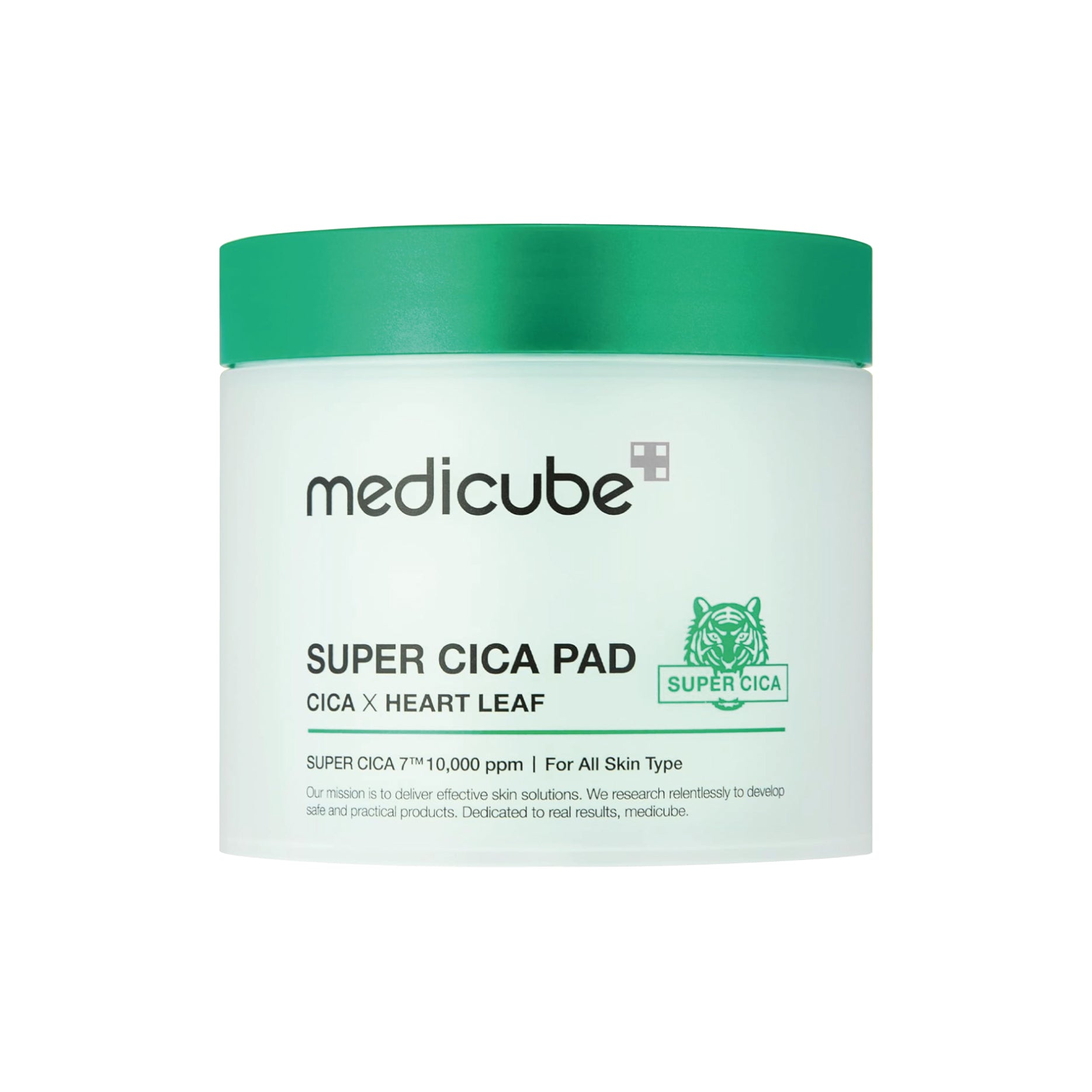 Medicube Super Cica Pad jar with green lid on a white background