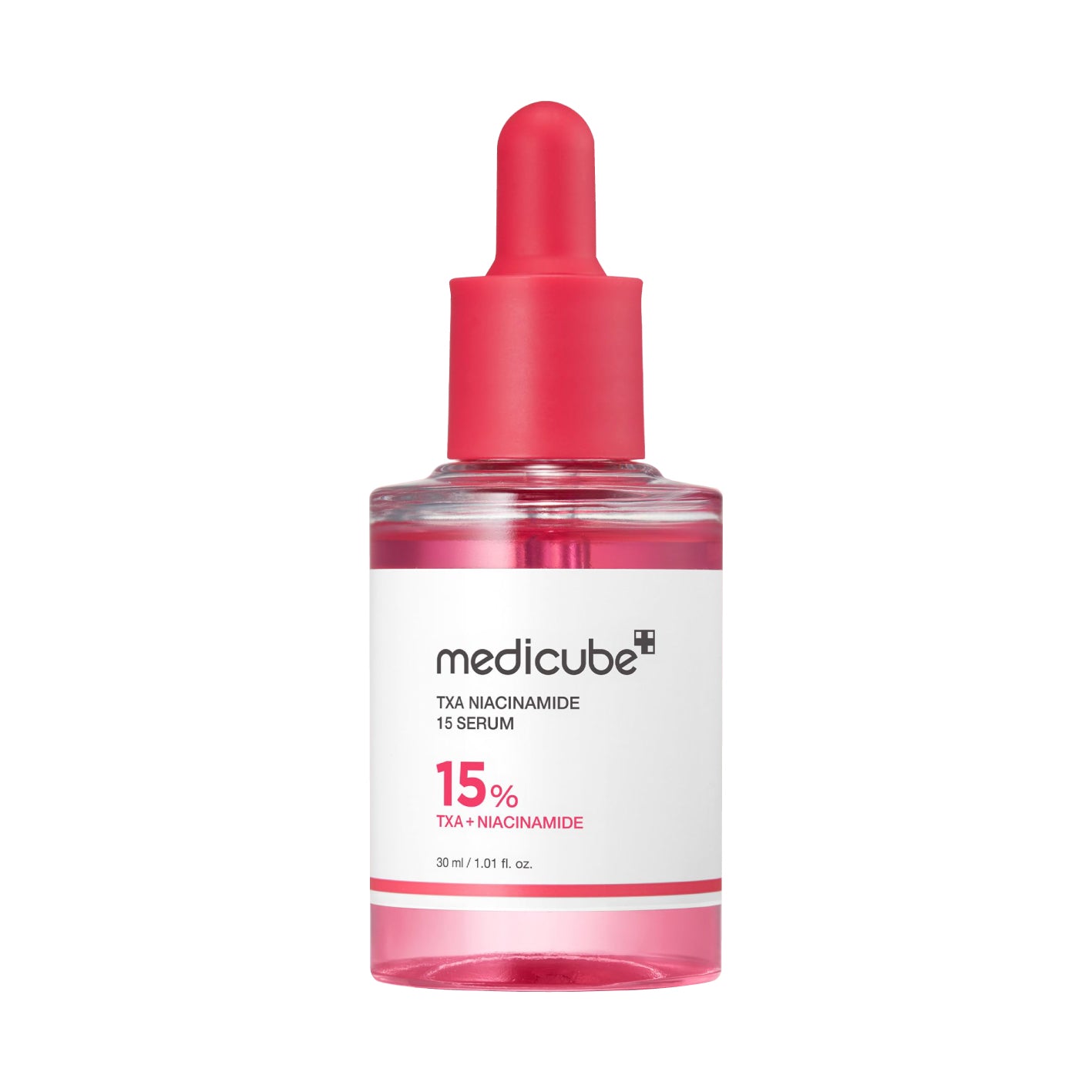 MEDICUBE TXA Niacinamide 15 Serum bottle with red cap on a white background