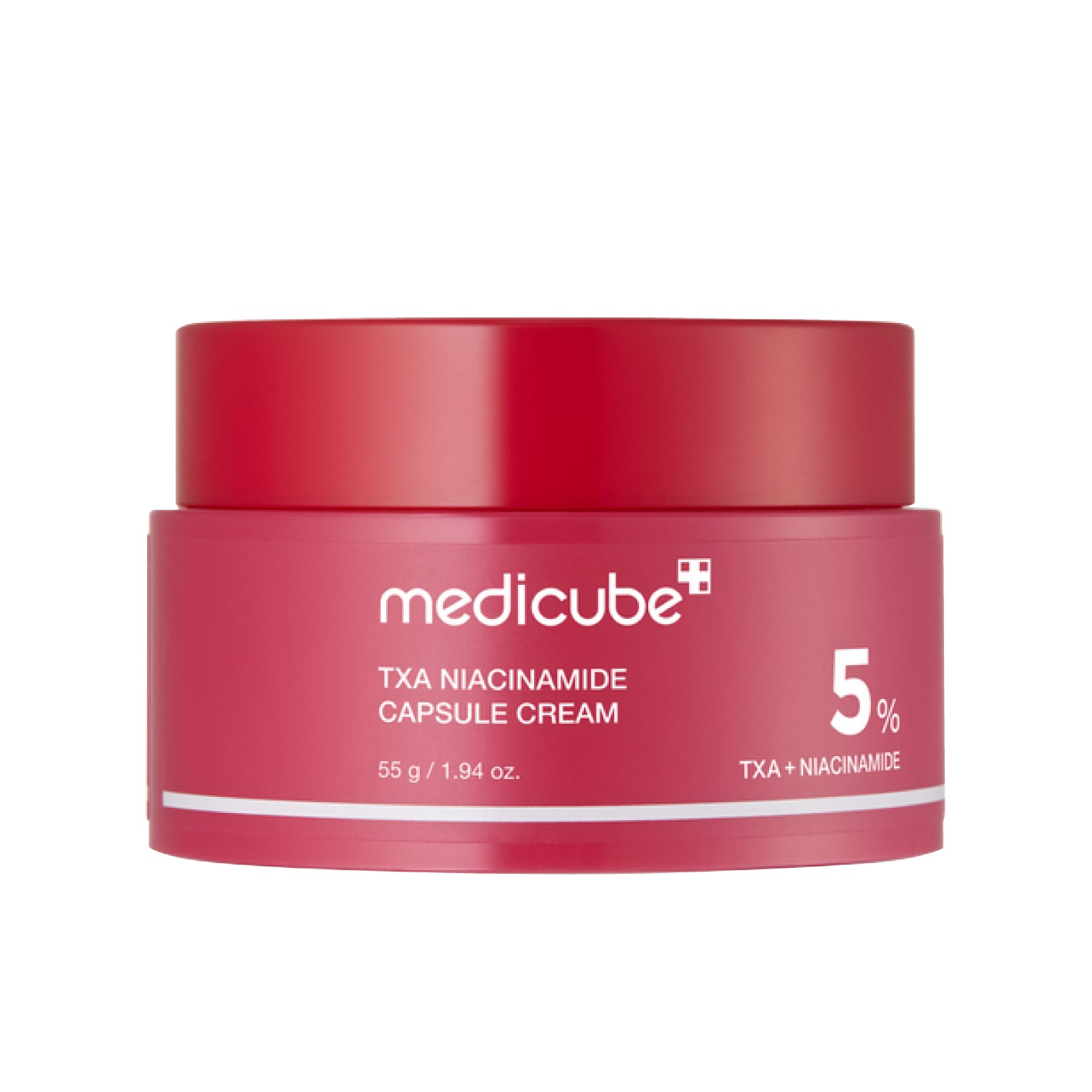 Red jar of Medicube Txa Niacinamide Capsule Cream on a white background