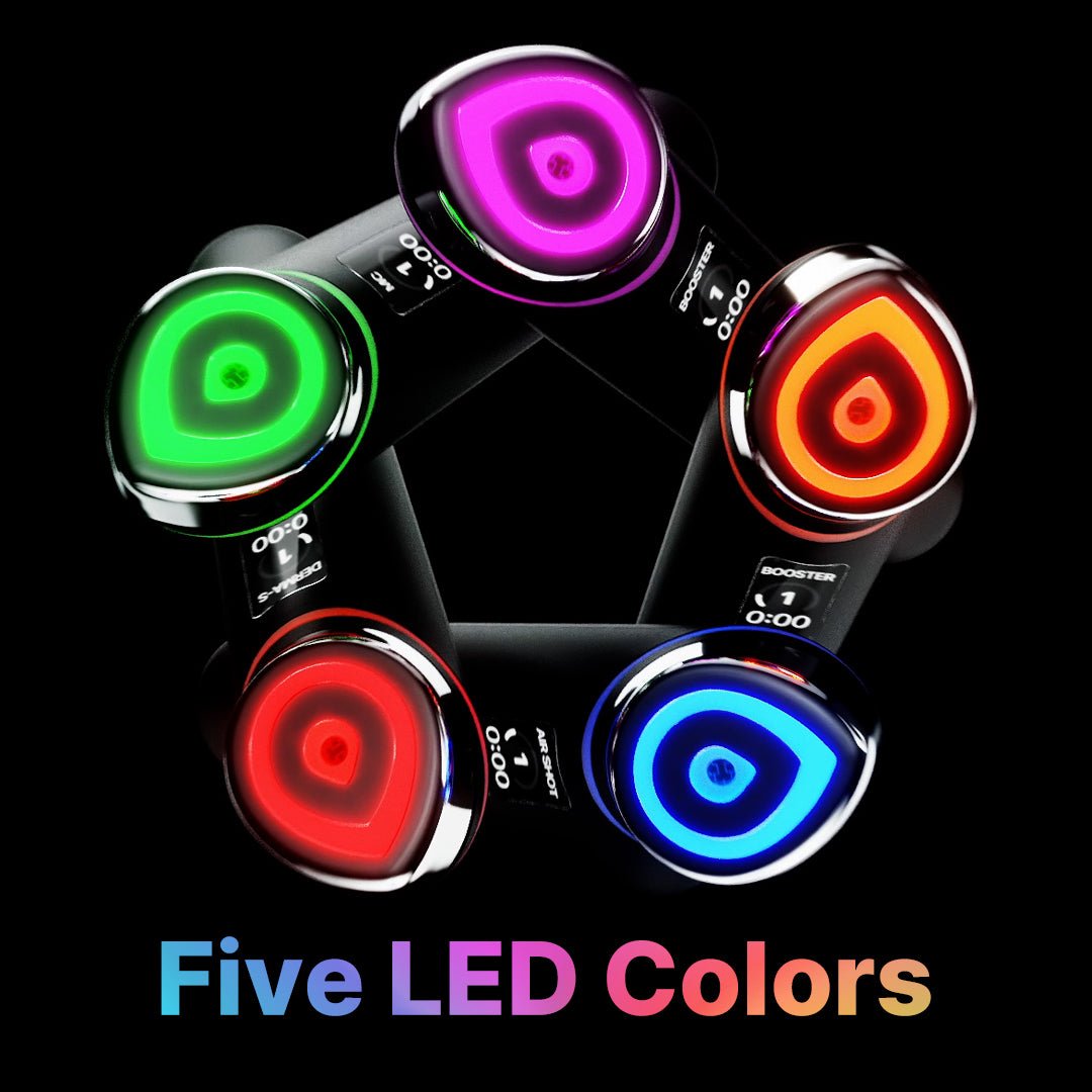 Colorful LED lights of MEDICUBE AGE-R Booster Pro with five different colors on a black background
