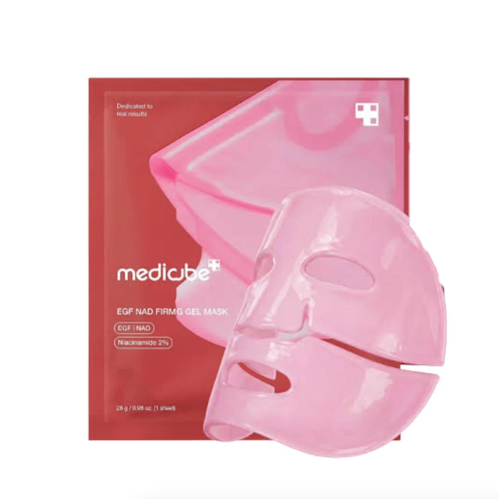 Medicube EGF NAD+ Firming Gel Mask in pink, shown with its red packaging box on a plain white background.
