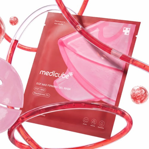Medicube EGF NAD+ Firming Gel Mask packaging in red with a pink mask illustration, surrounded by translucent pink and red gel sheet pieces on a white background.