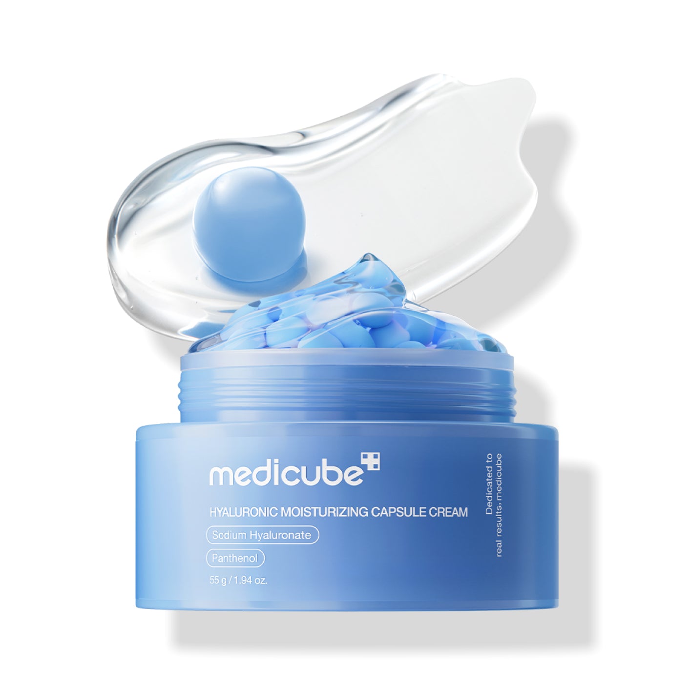 Blue skincare product with Medicube Hyaluronic Moisturizing Capsule Cream 55g branding on a white background