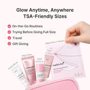 A hand holds a pink Medicube Pure Pink Collagen Mask packet above several Medicube skincare tubes in different sizes, with promotional text reading 'Glow Anytime, Anywhere TSA-Friendly Sizes' and checkmarks for on-the-go routines, travel, gift giving, and trying before going full size.