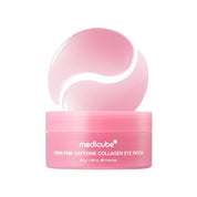 A pink cosmetic jar labeled MEDICUBE PDRN Pink Caffeine Collagen Eye Patch with a matching pink patch-shaped lid or applicator resting behind it on a white background.