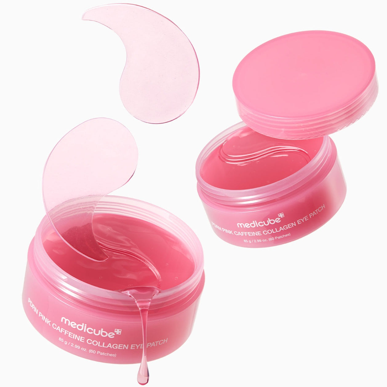 MEDICUBE PDRN Pink Caffeine Collagen Eye Patch containers with patches on a white background