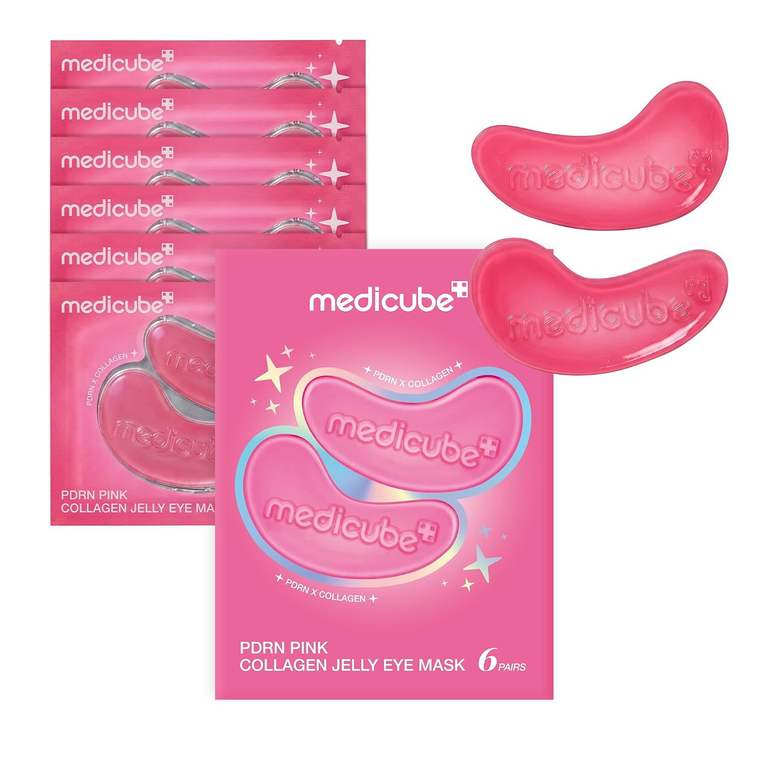 MEDICUBE PDRN Pink Collagen Jelly Eye Mask (6 Pouch) with two pairs displayed on a white background