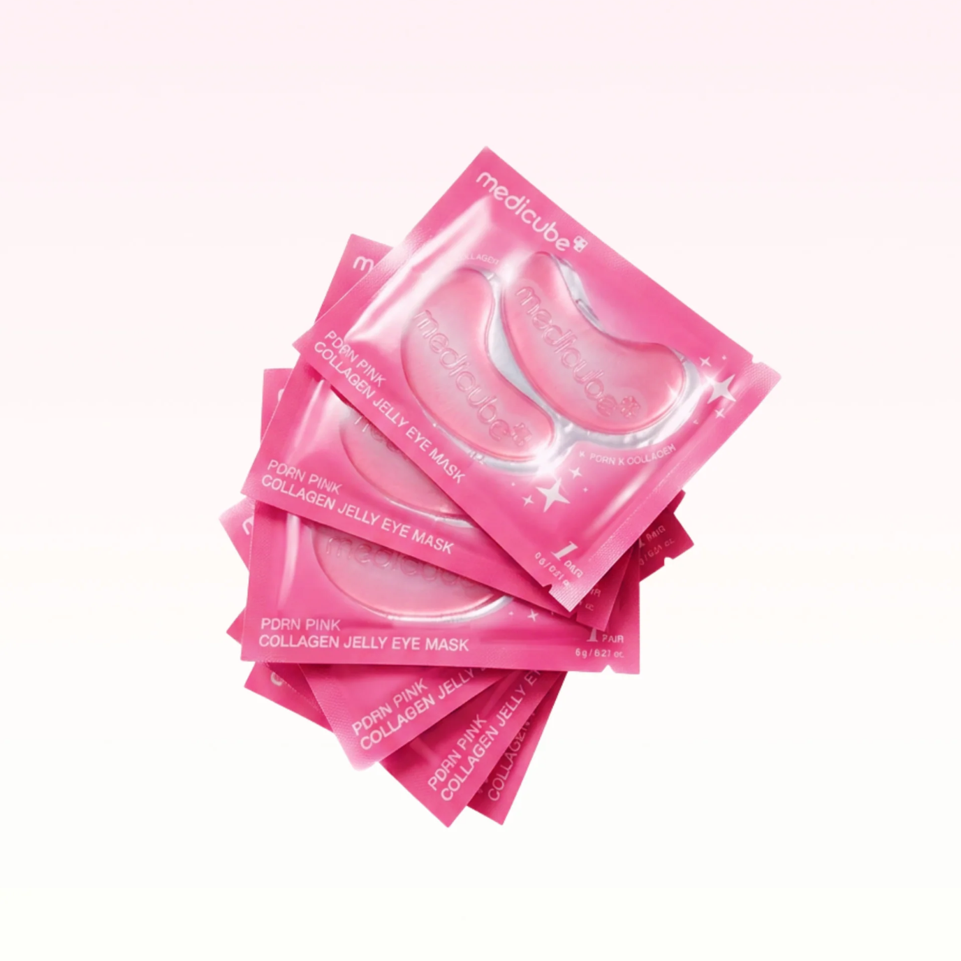 A stack of MEDICUBE PDRN Pink Collagen Jelly Eye Mask (6 Pouch) on a clean white background.