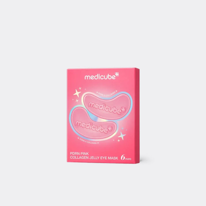 Medicube PDRN Pink Collagen Jelly Eye Mask in a pink rectangular box with two cartoon jelly eye shapes and the Medicube brand name, shown on a light gray background.
