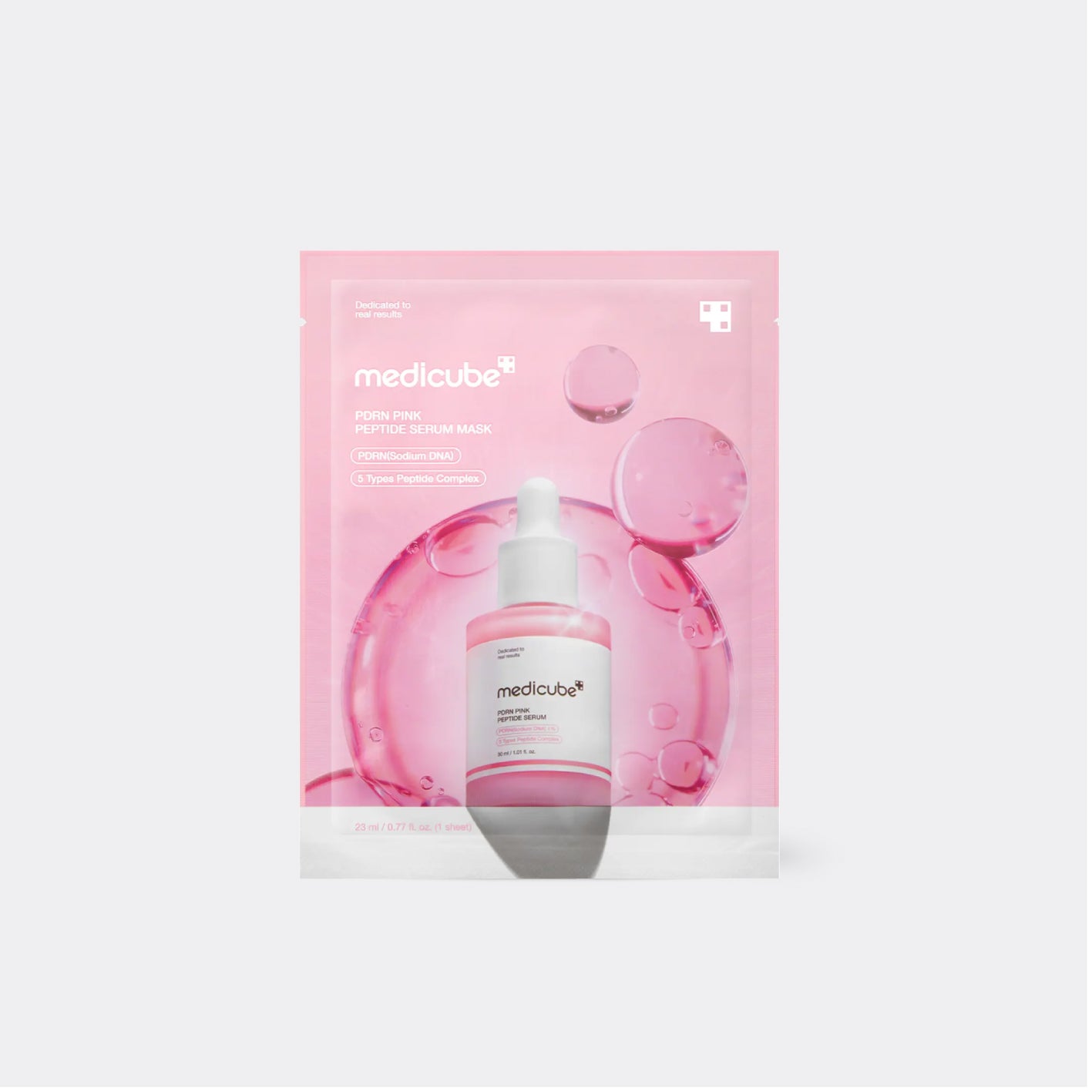 Medicube Peptide Serum Mask in a pink foil pouch with a dropper bottle graphic, shown on a light gray background.