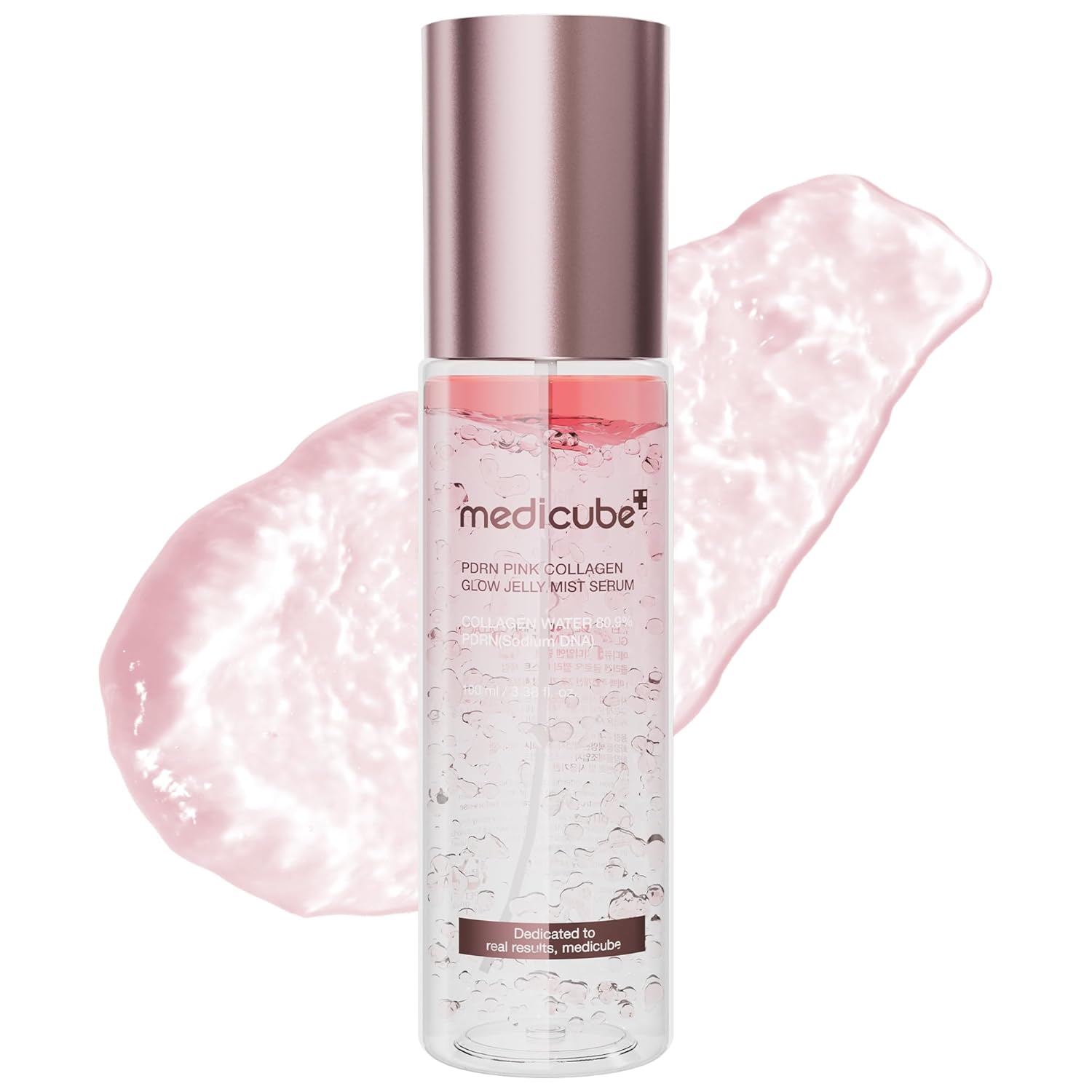 MEDICUBE PDRN Pink Collagen Glow Jelly Mist Serum  bottle with pink jelly smear on white background
