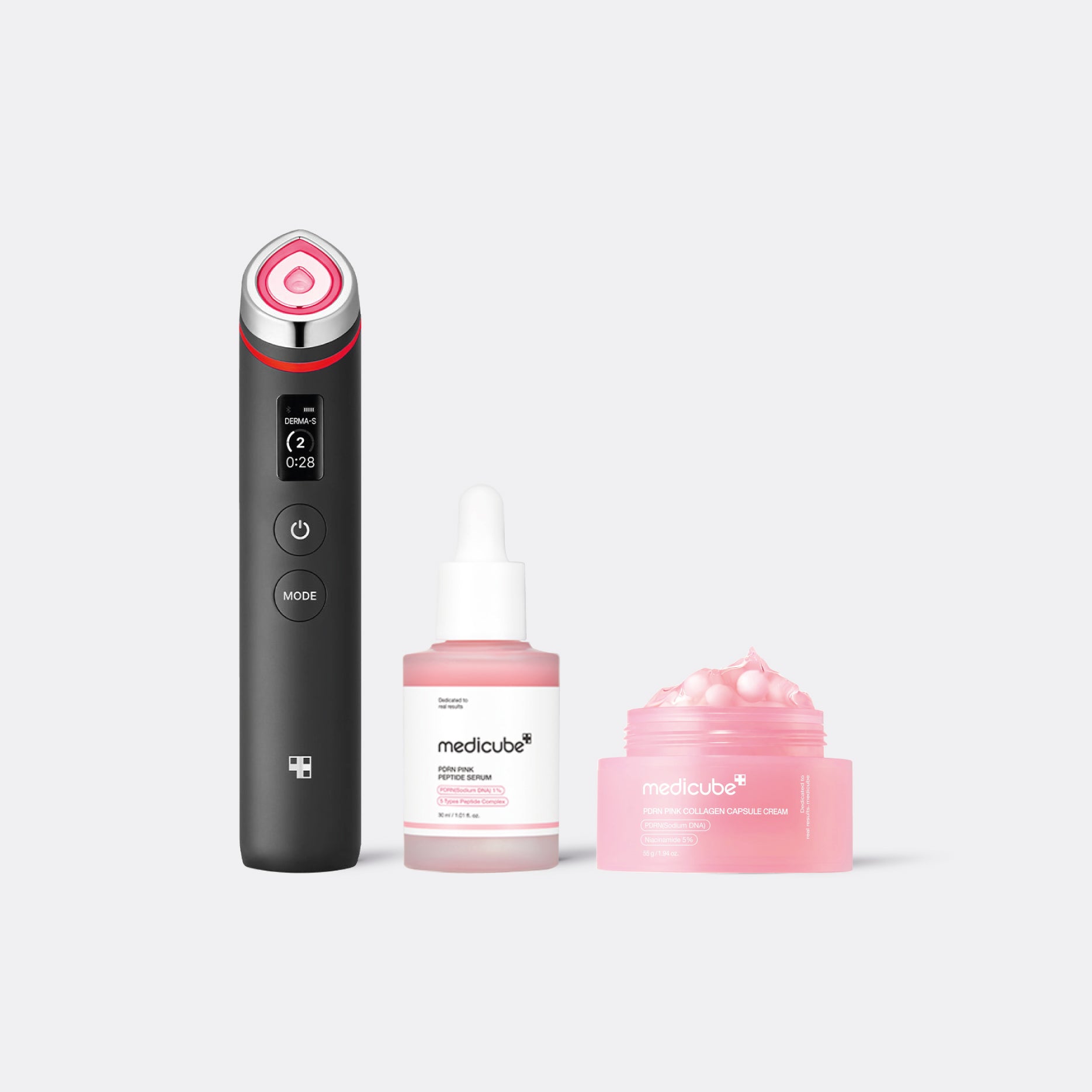 MEDICUBE PDRN Pink Glow Booster Set (Serum, Cream & AGE-R Device) on grey background