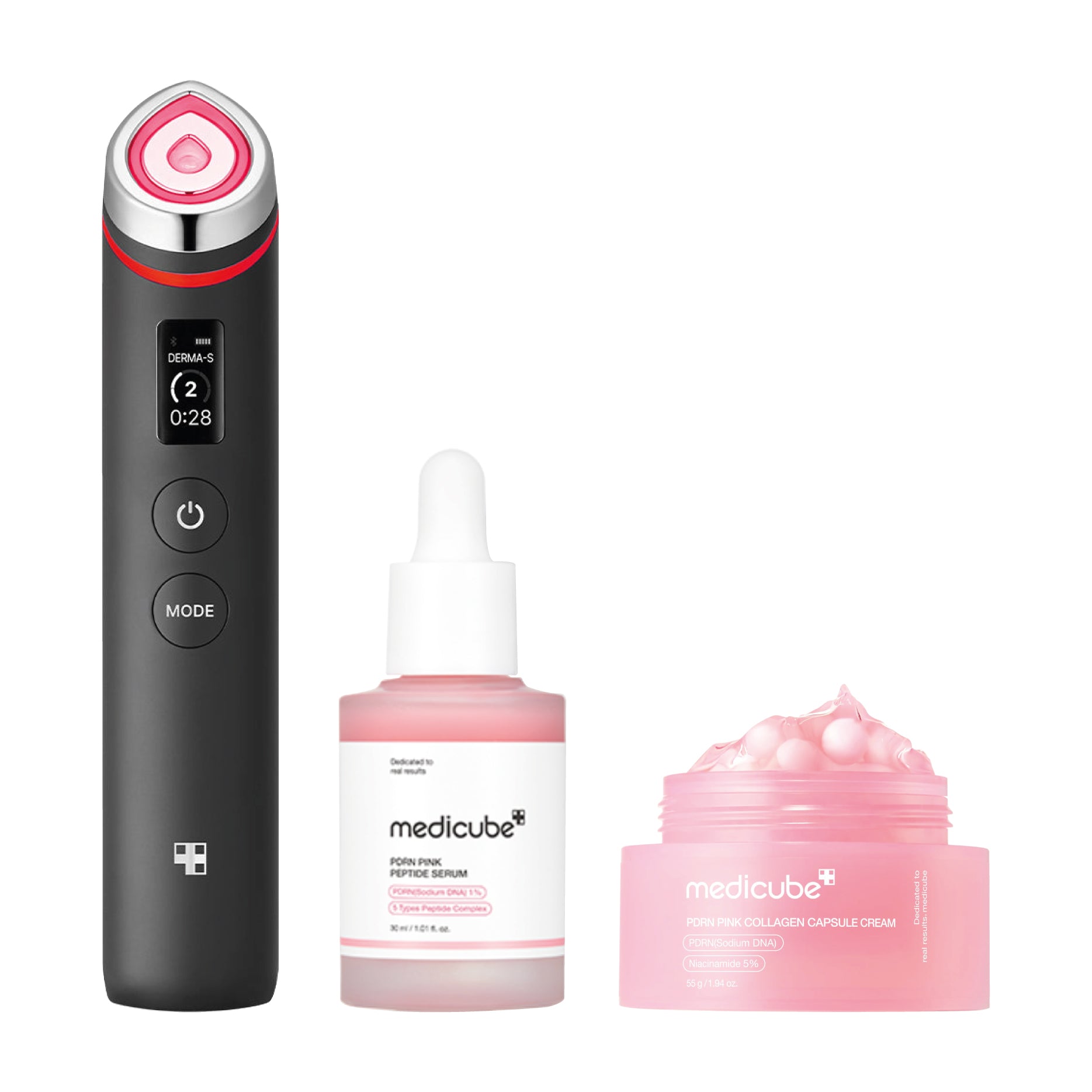 MEDICUBE PDRN Pink Glow Booster Set (Serum, Cream & AGE-R Device) on white background