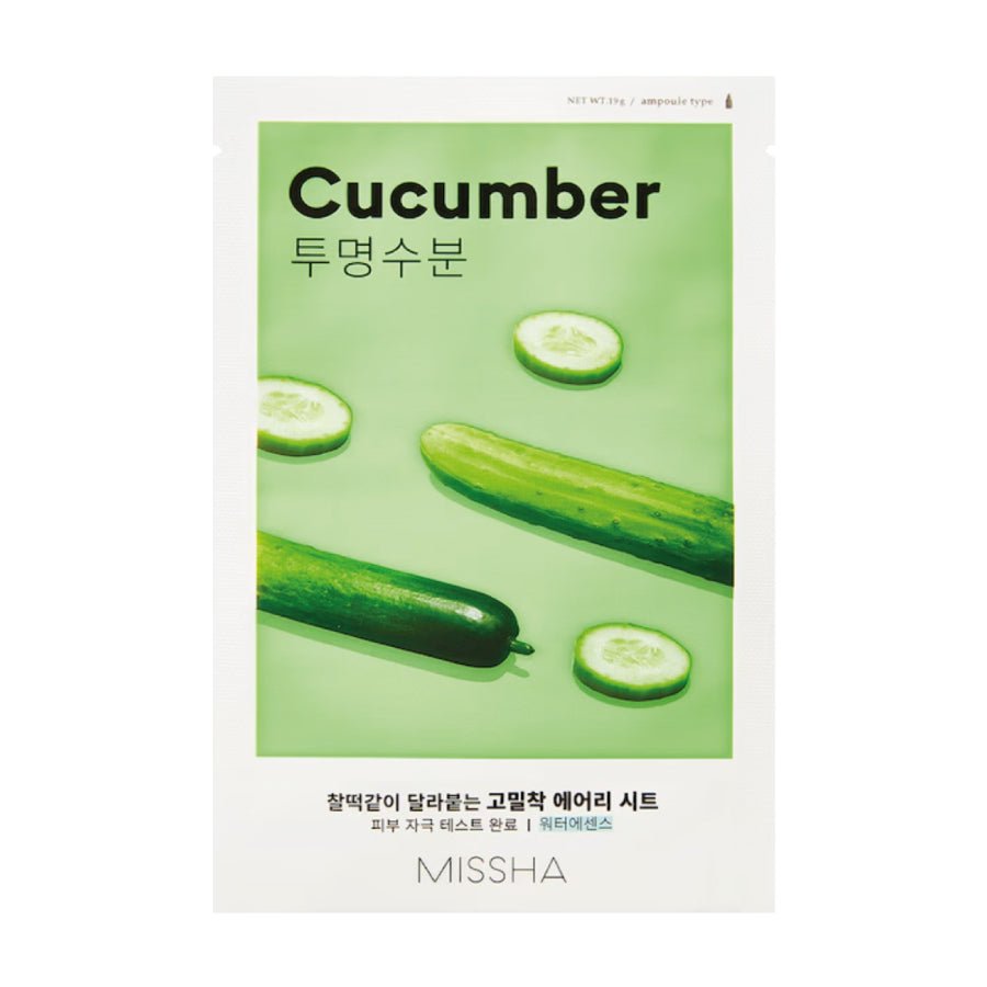 Cucumber-themed product packaging with green cucumbers on a light green background, featuring the brand 'Missha'.