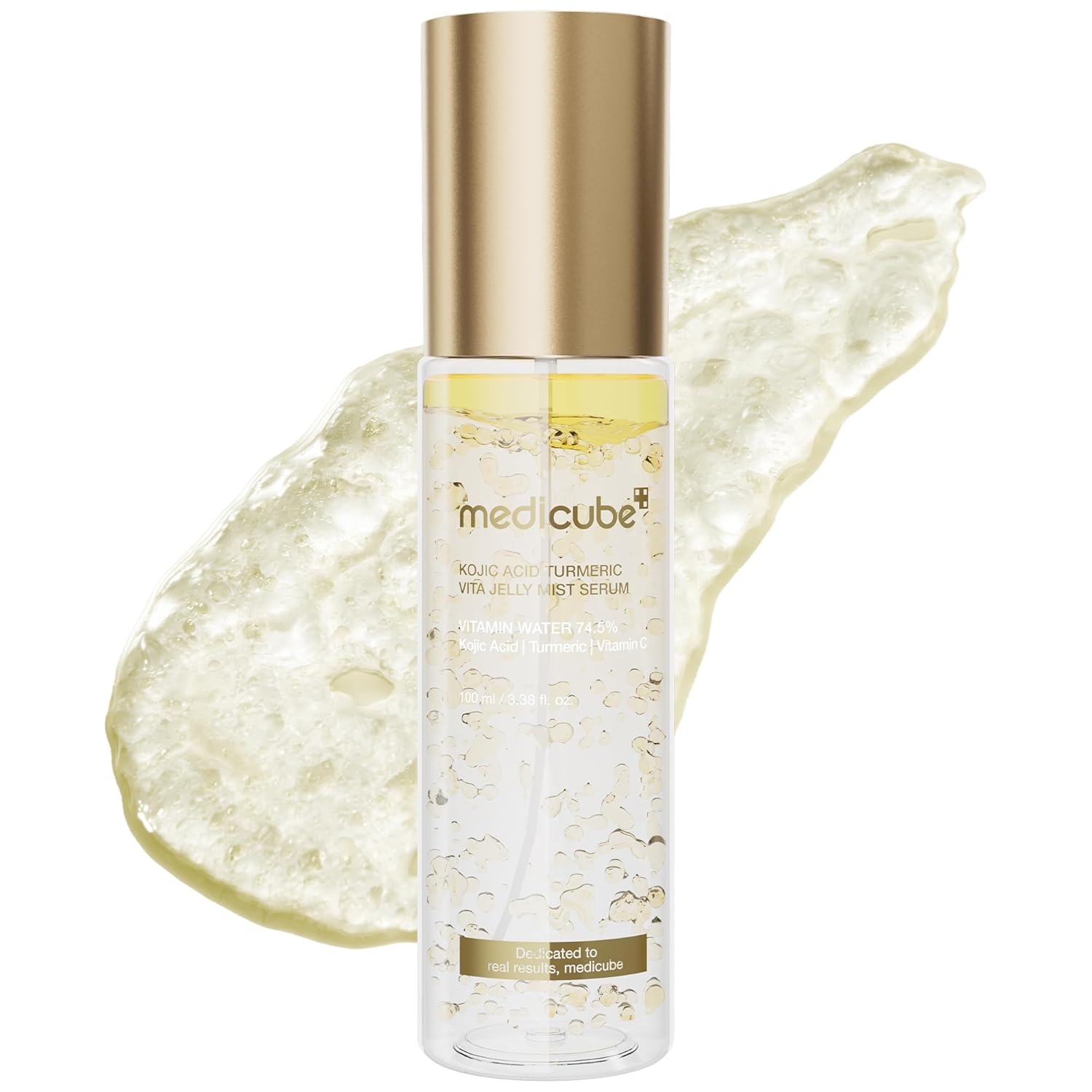 Medicube Kojic Acid Turmeric Vita Jelly Mist Serum with gold cap on a white background