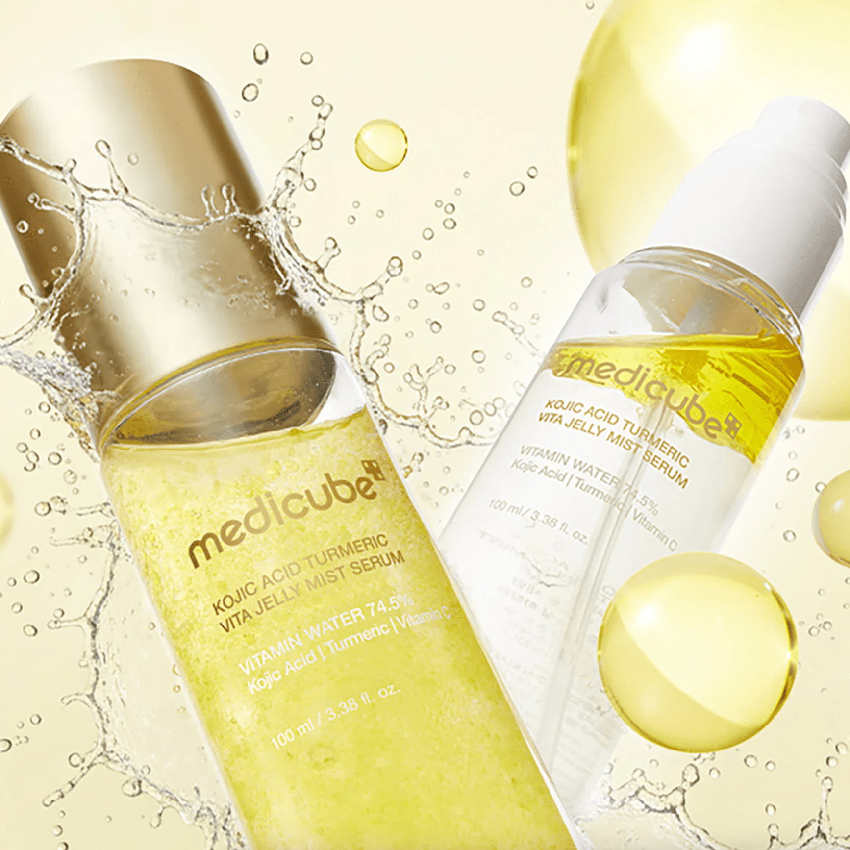 Two skincare products with Medicube Kojic Acid Turmeric Vita Jelly Mist Serum branding on a light background