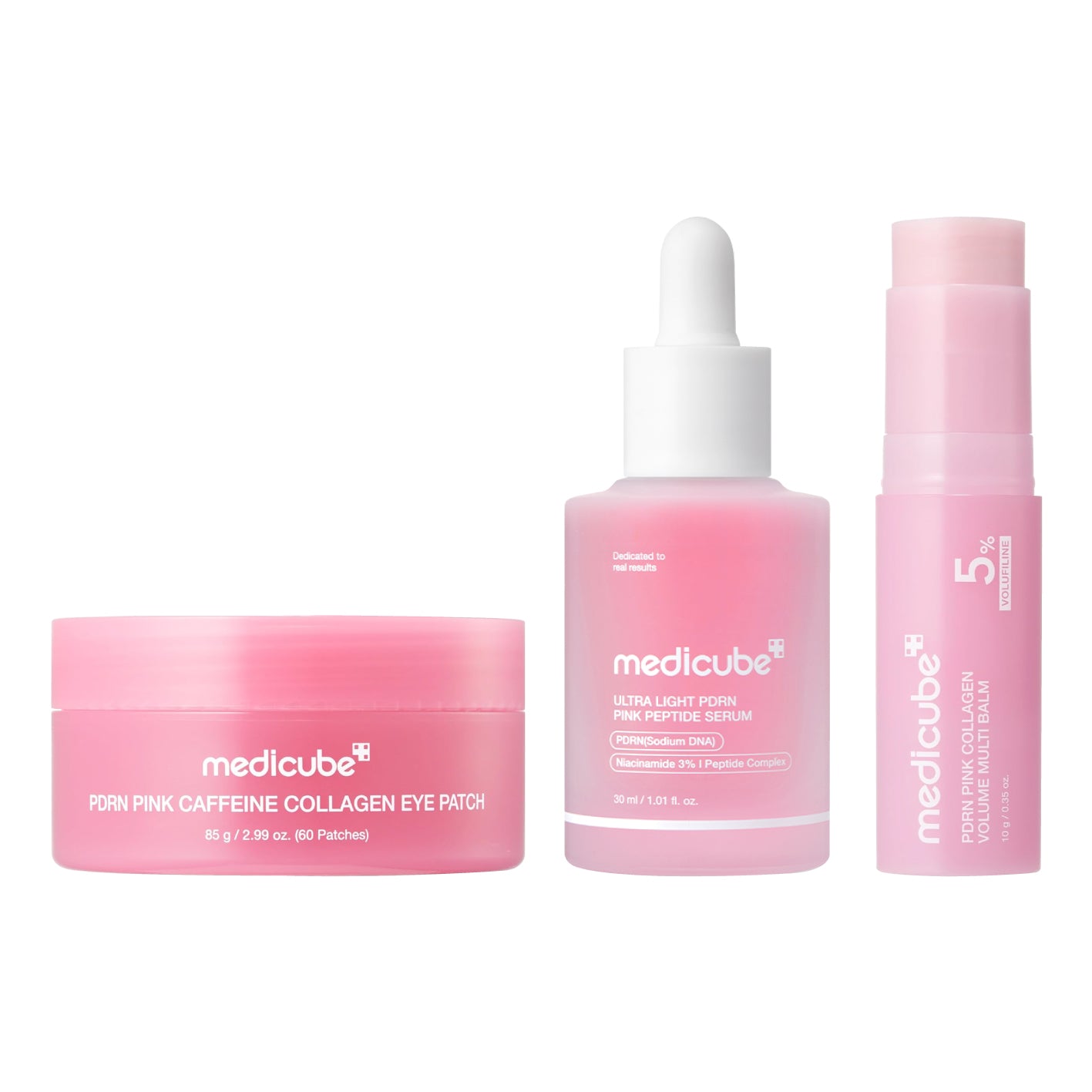 Three mediube cosmetic products in a row on a white background: a pink jar labeled PDRN PINK CAFFEINE COLLAGEN EYE PATCH 60pcs  a pink dropper bottle labeled 'PDRN PINK PEPTIE SERUM ULTRA LIGHT and a pink tube labeled PDRN PINK COLLAGEN VOLUME MULTI BALM
