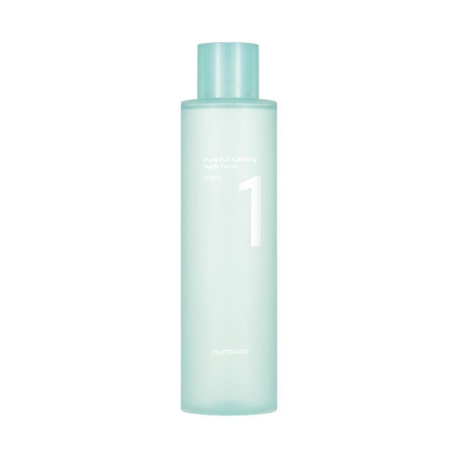 Light blue bottle  NUMBUZIN No.1 Pure-Full Calming Herb Toner with a cap on a white background