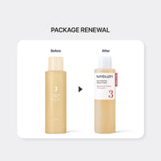 NUMBUZIN no.3 super glowing essence toner before and after comparison of a skincare product packaging with 'Package Renewal' text.