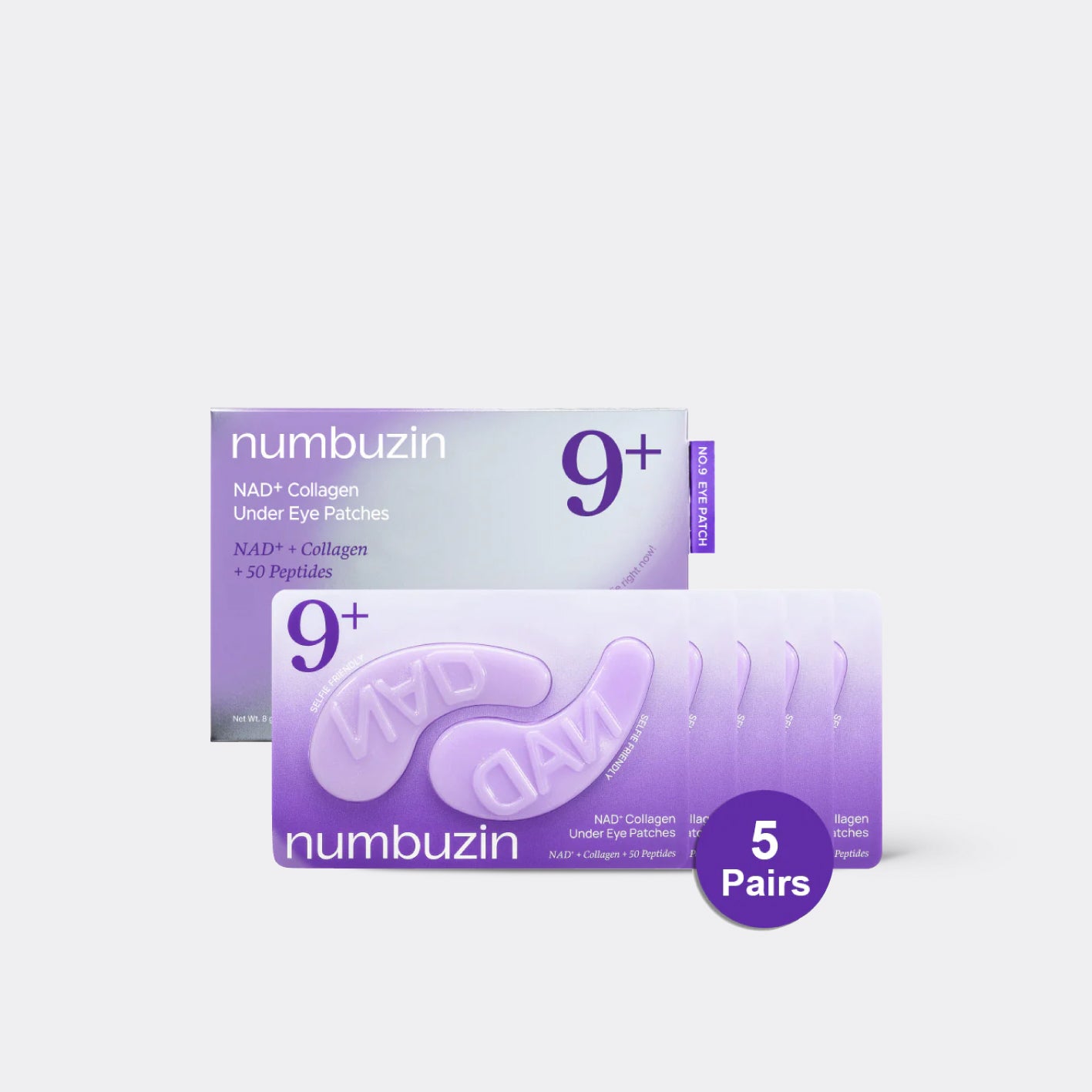  NUMBUZIN No.9 NAD+ Collagen Under Eye Patches (5 Pairs)  outside package with 5 pairs inside eye patches contents