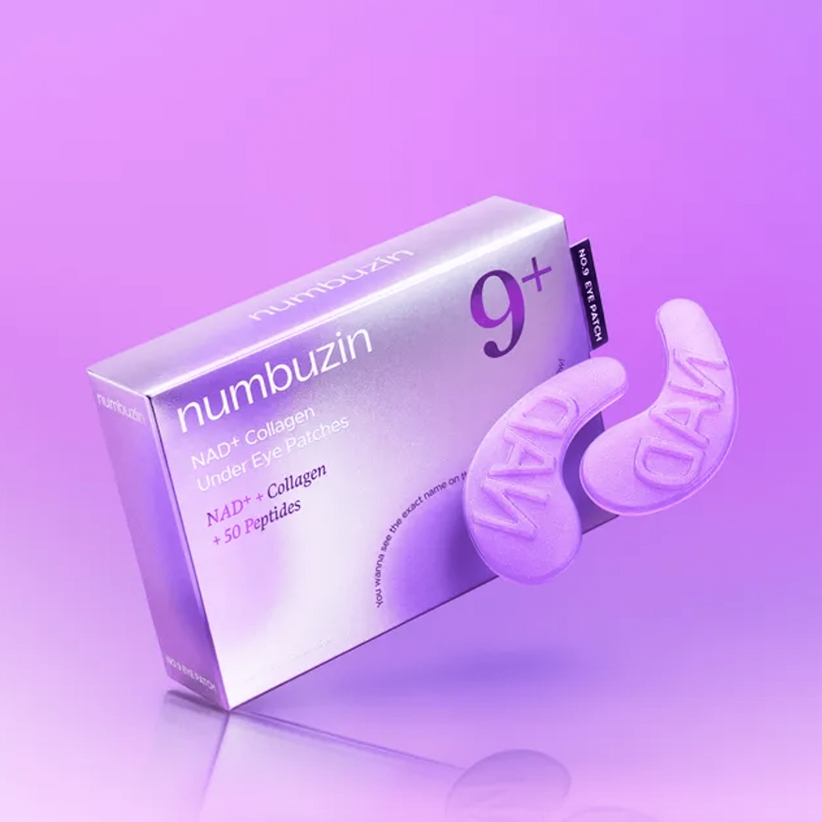 Purple gradients background  NUMBUZIN No.9 NAD+ Collagen Under Eye Patches (5 Pairs)  package standing 
