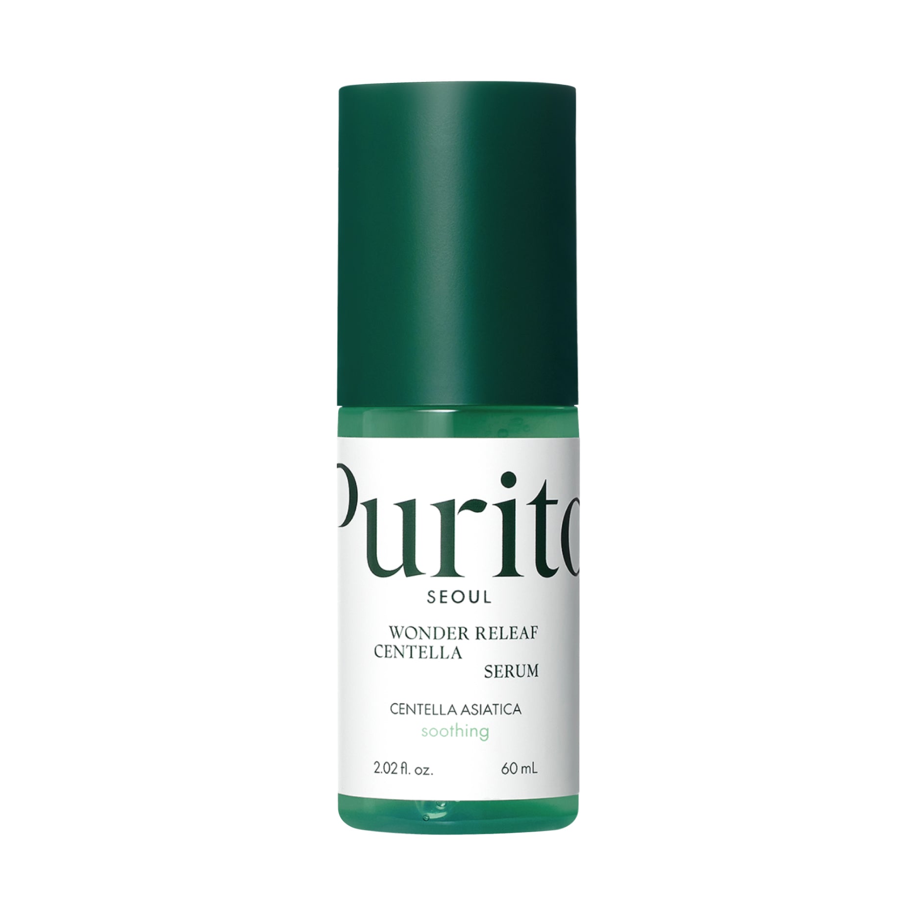 PURITO Wonder Releaf Centella Serum bottle with green cap and label on a white background