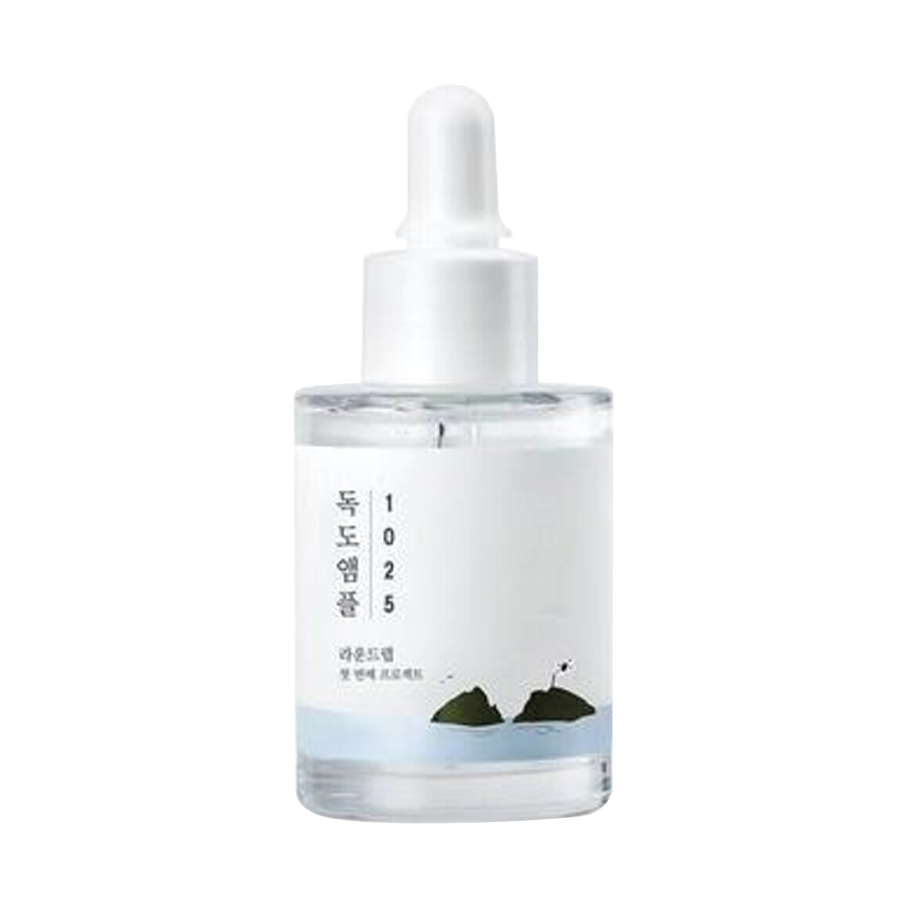 Skincare dropper bottle with a ROUND LAB 1025 Dokdo Ampoule on a white background