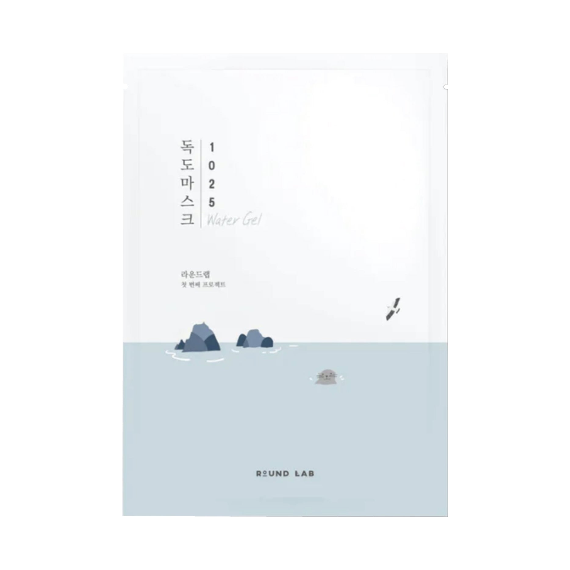 ROUND LAB 1025 Dokdo Water Gel Mask Sheet Product packaging with water scene illustration and text on a white background