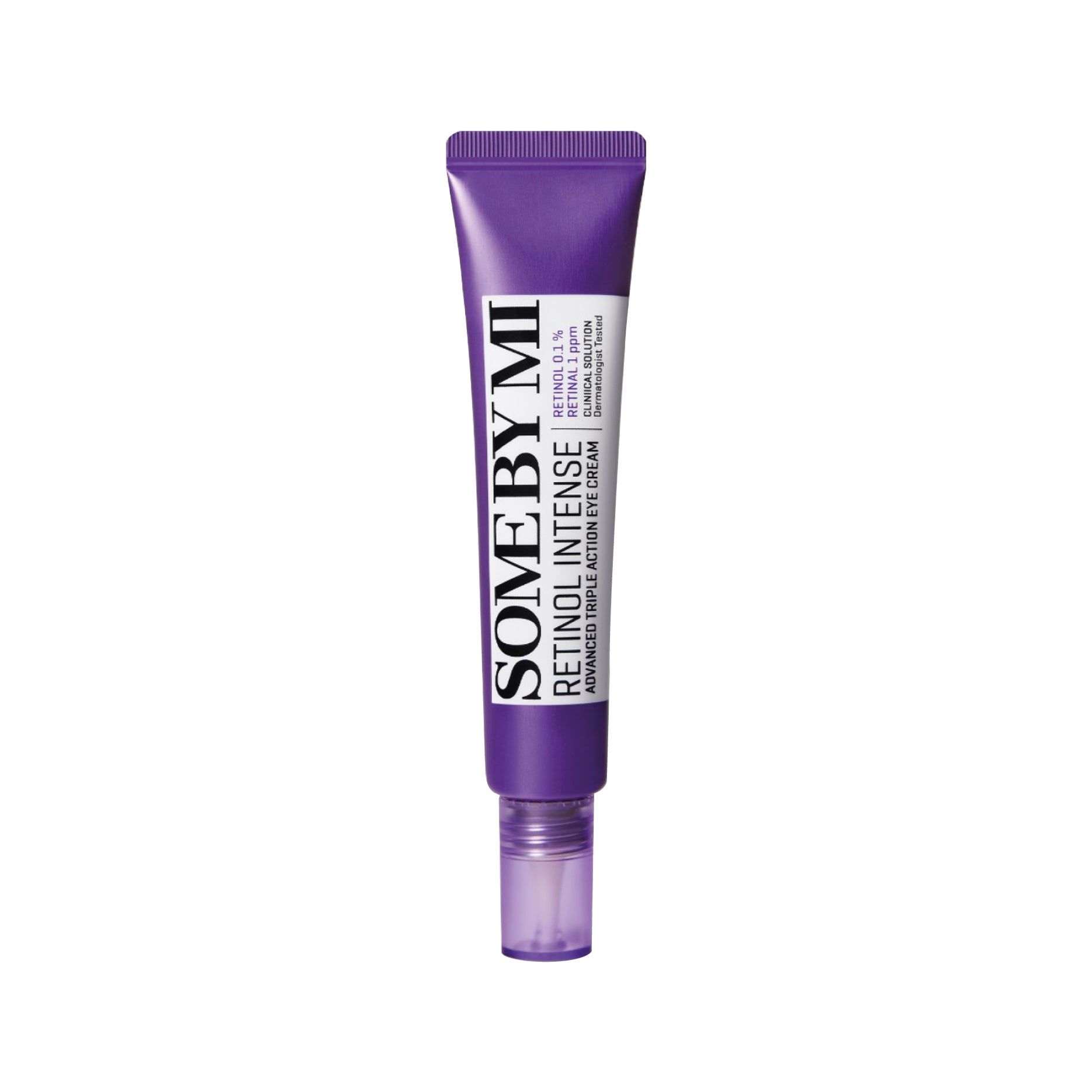 Purple skincare tube labeled SOME BY MI Retinol Intense Advanced Triple Action Eye Cream on a white background