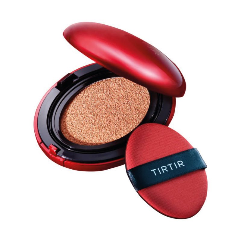 Red compact cushion with TIRTIR branding on a white background