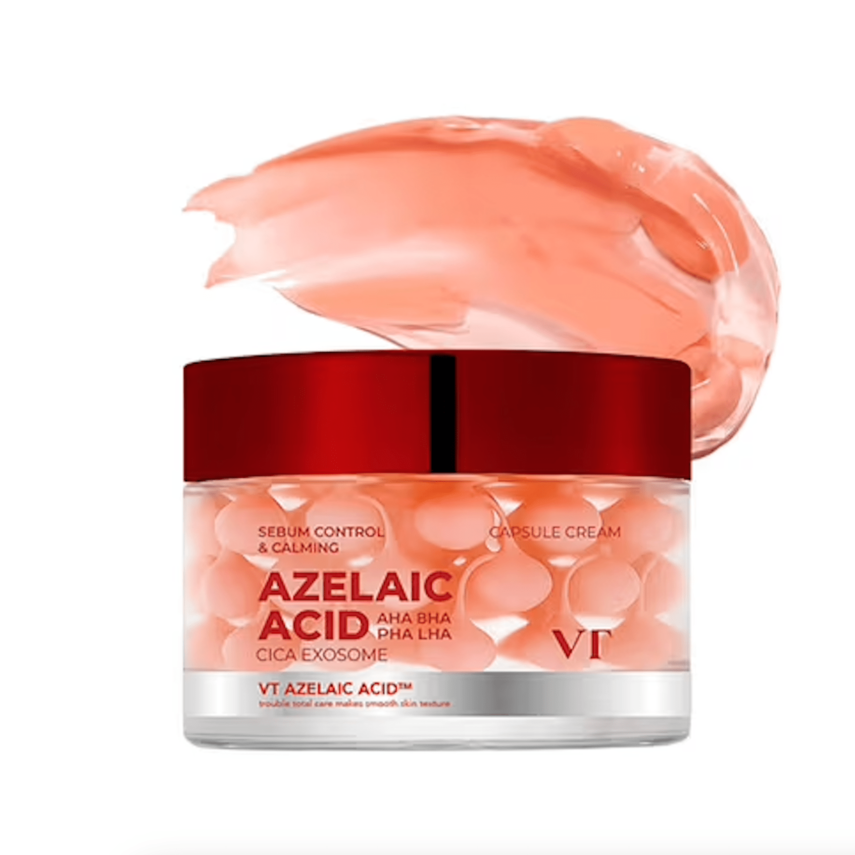 Jar of VT COSMETICS Azelaic Acid Care Capsule Cream with a swatch on a white background