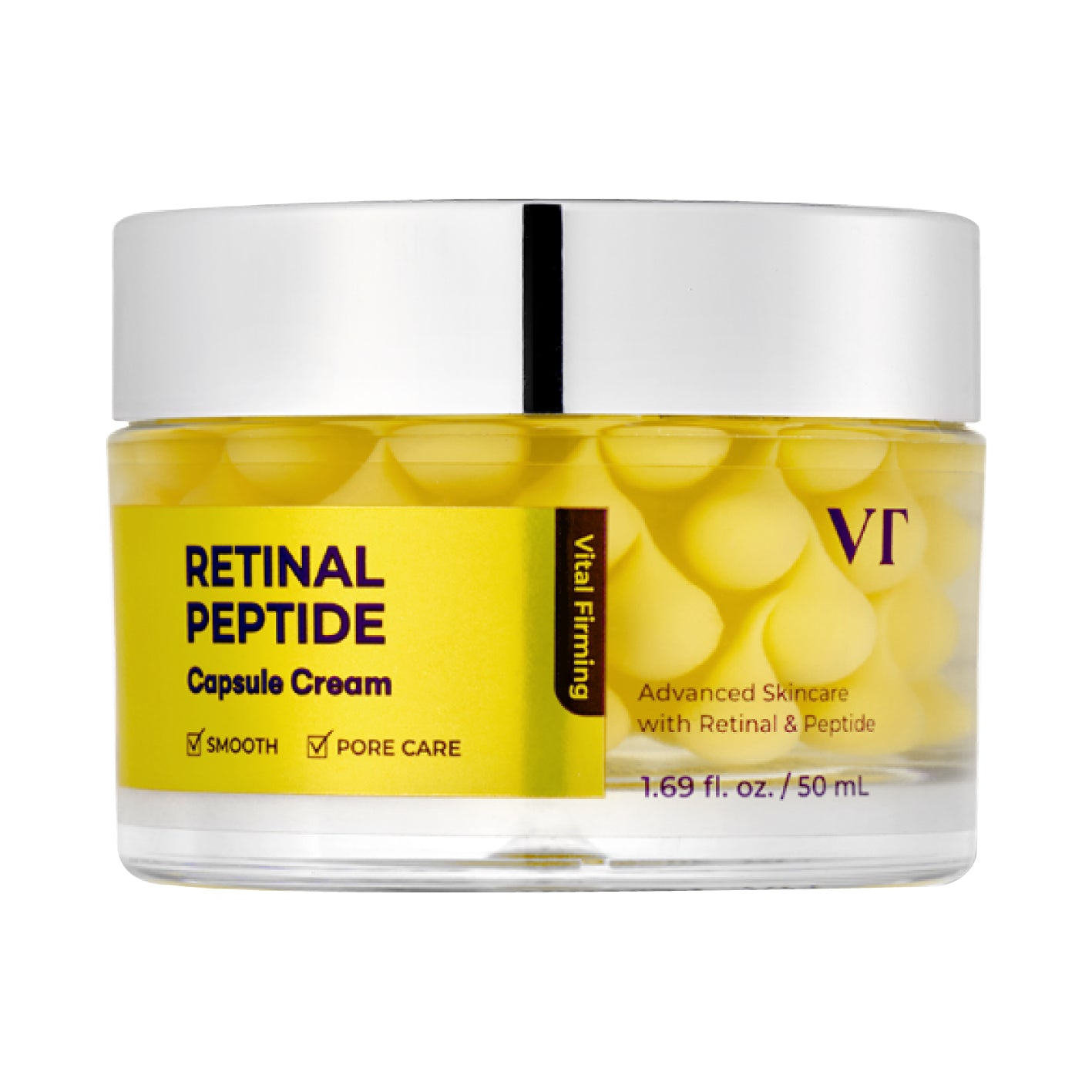 Jar of VT COSMETICS Retinal Peptide Capsule Cream with yellow label on a white background