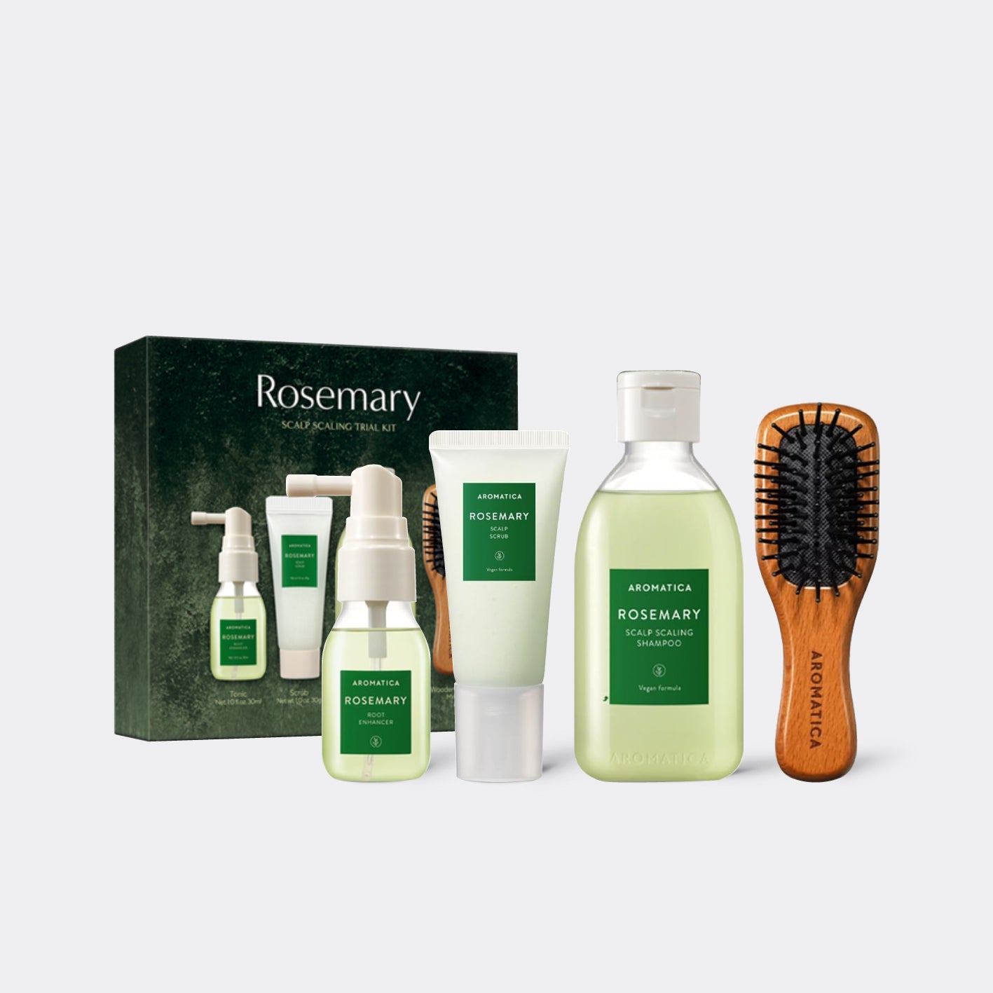 AROMATICA Rosemary Scalp Scaling Trial Kit with shampoo, conditioner, and brush on a white background