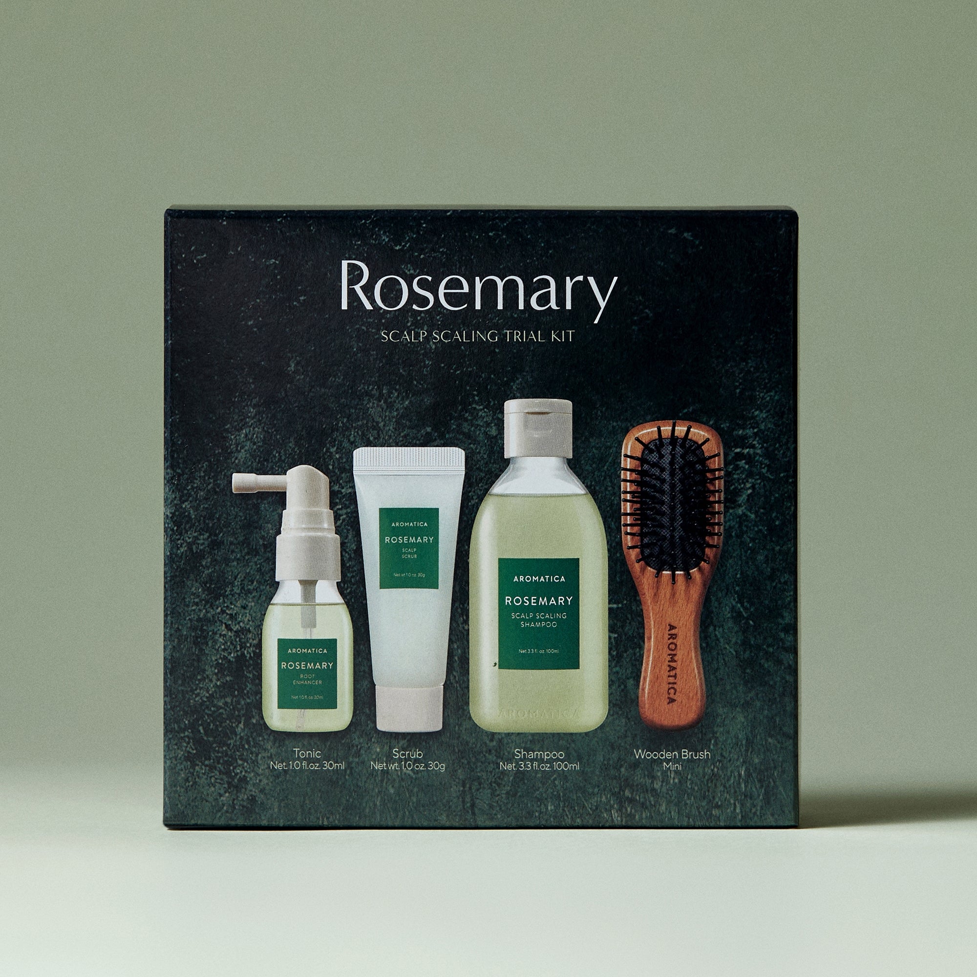 AROMATICA Rosemary Scalp Scaling Trial Kit packaging with products on a neutral background