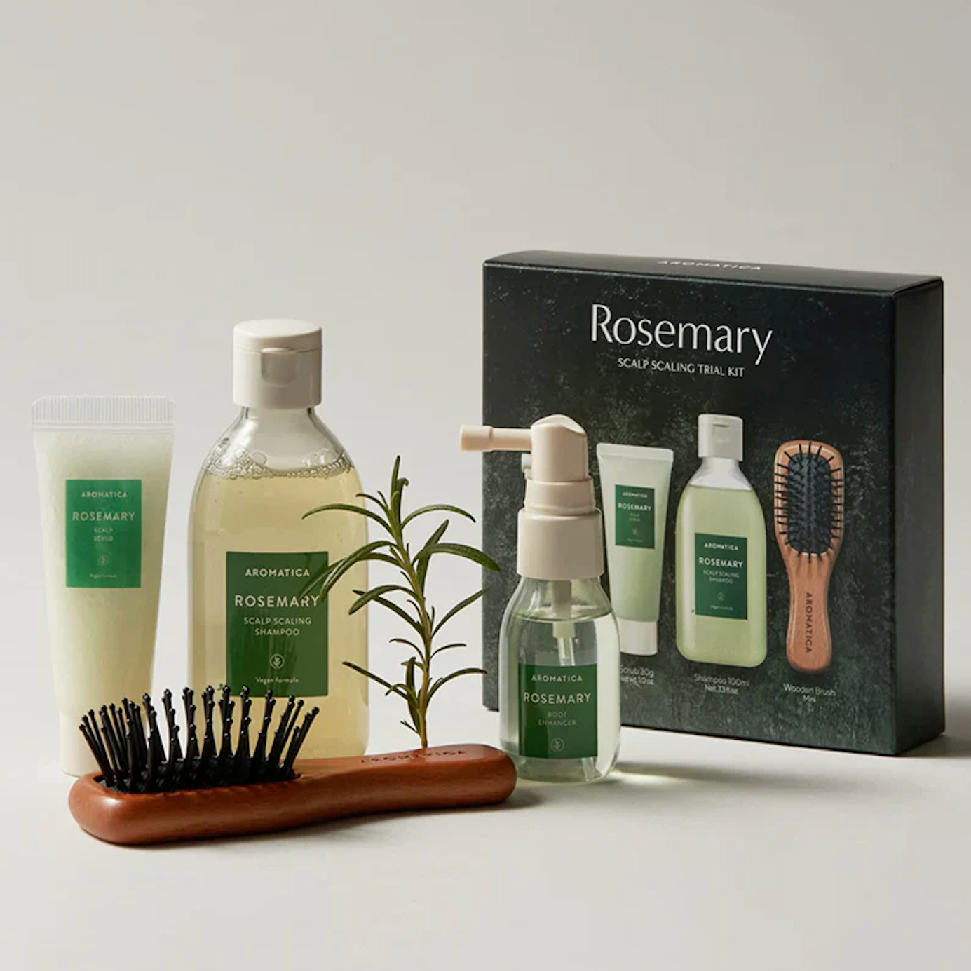 AROMATICA Rosemary Scalp Scaling Trial Kit with bottles, a brush, and a plant on a light gray background.