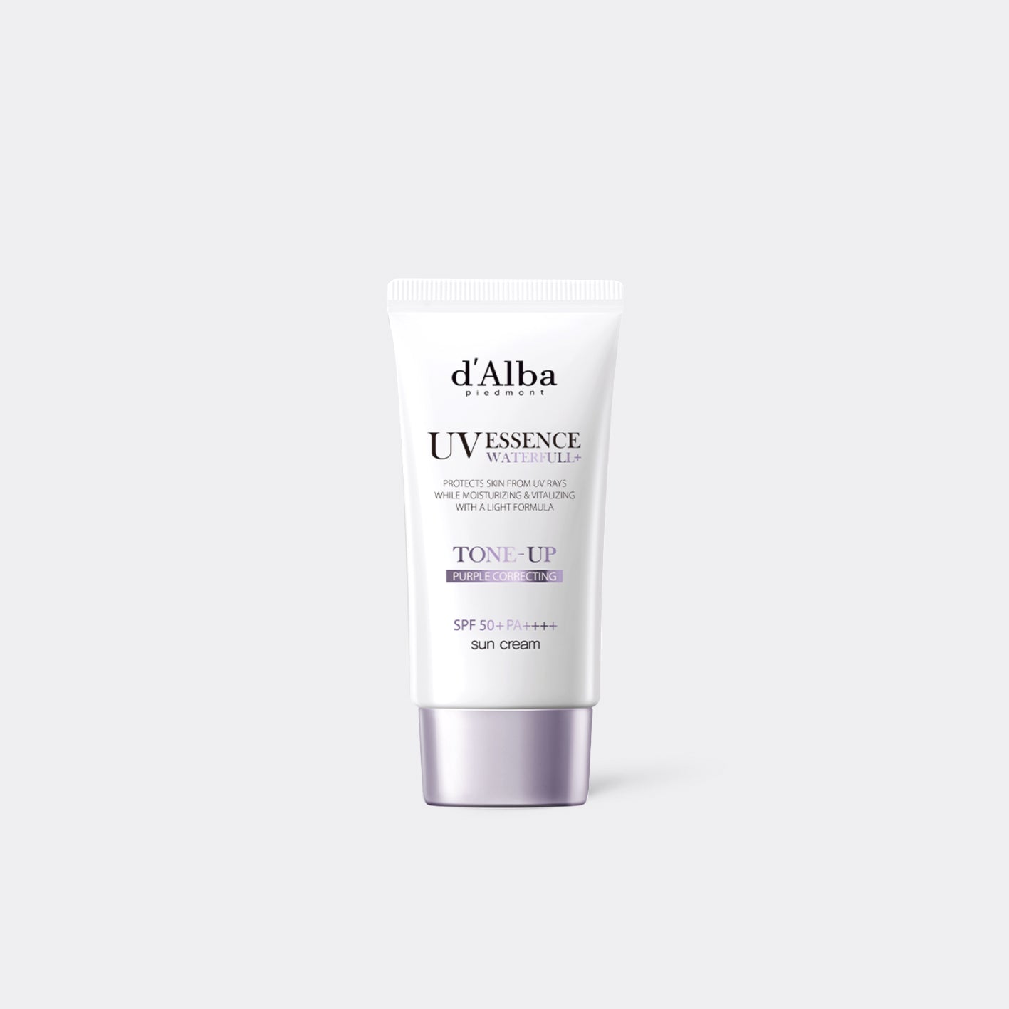 Tube of d'Alba Waterfull Tone-Up Sun Cream (Purple) on a white background
